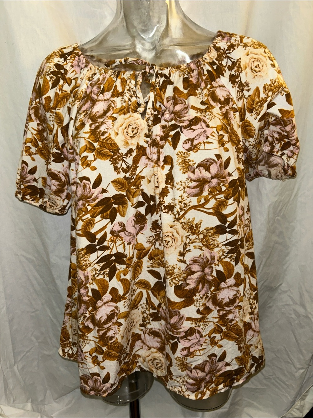 Candace Cameron Bure Floral Peasant Top - Cream, Brown & Pink